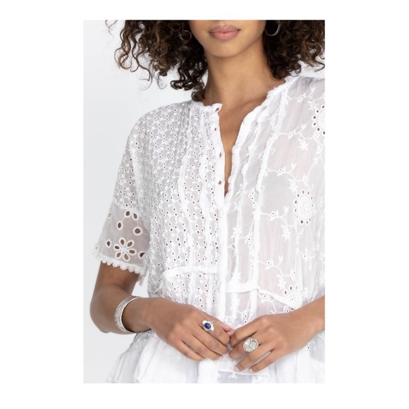 Johnny Was White Hyacinth Blouse Eyelet Lace Large short Sleeve Top Button Boho - Picture 8 of 16
